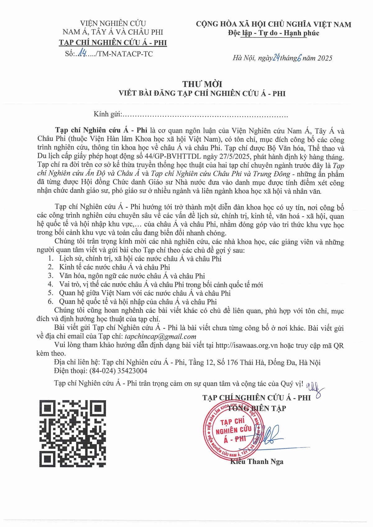 Thư mời viết bài đăng Tạp chí Nghiên cứu Á Phi